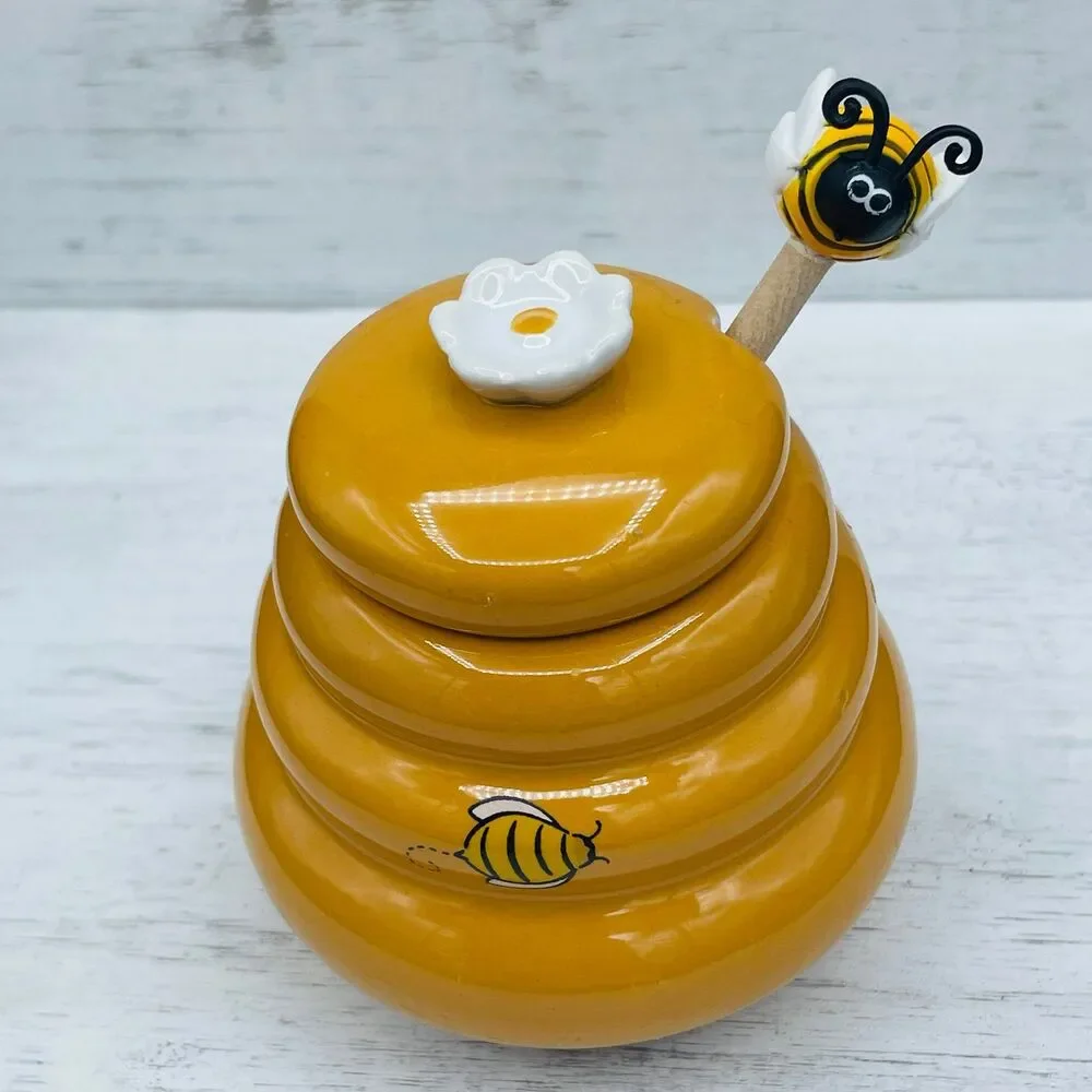 Vintage Ceramic Beehive Honey Pot Jar With Wooden Drizzler Dipper Server Set